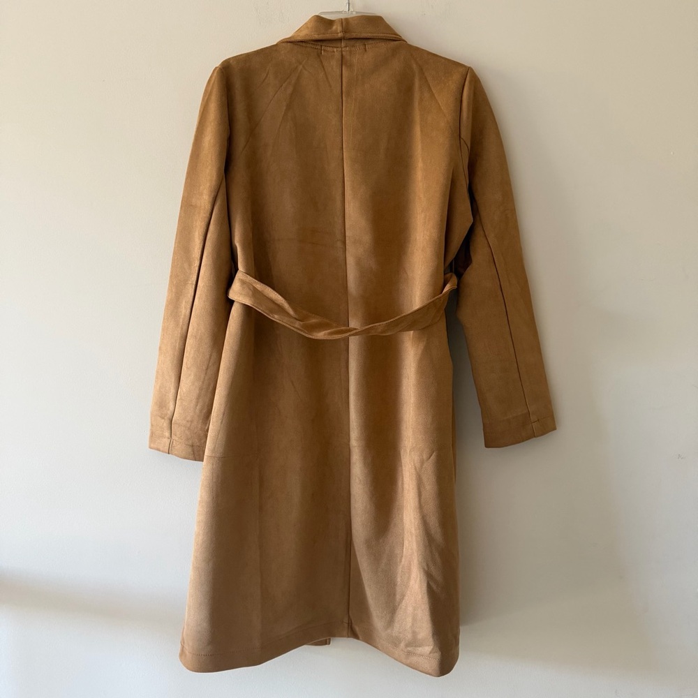 Tan Faux Suede Collar Belted Front Pocket Trench Coat - Picture 4 of 11